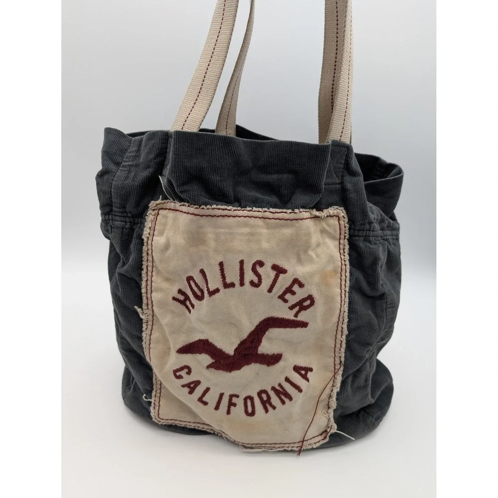 Hollister California Grey Corduroy Tote Bag Canvas Logo Patch Cinched Top